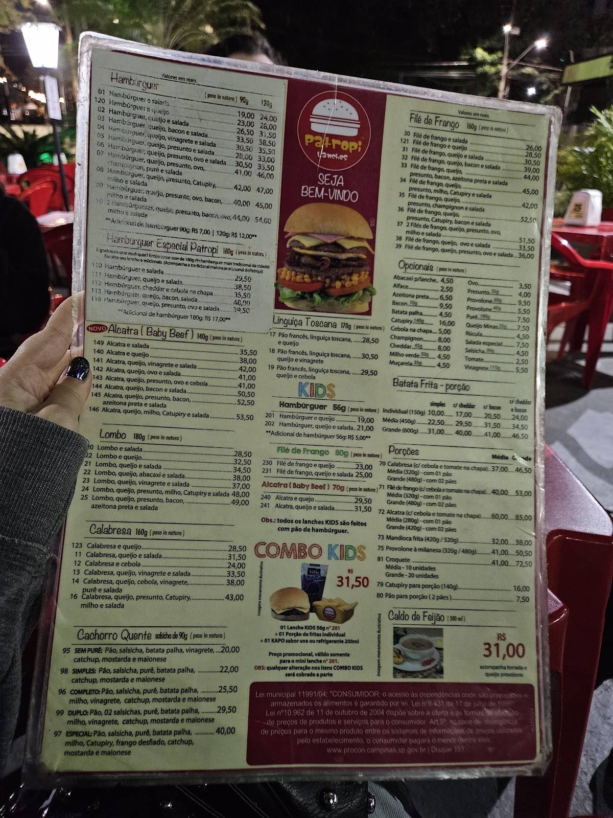 Patropi Lanches cardápio