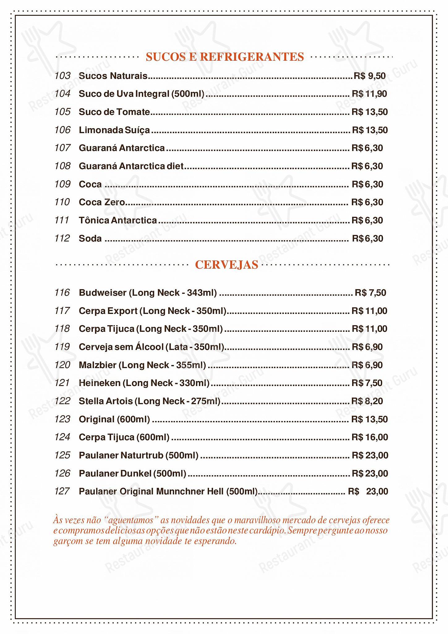 Pavanelli Loja e Restaurante - Catering Menu