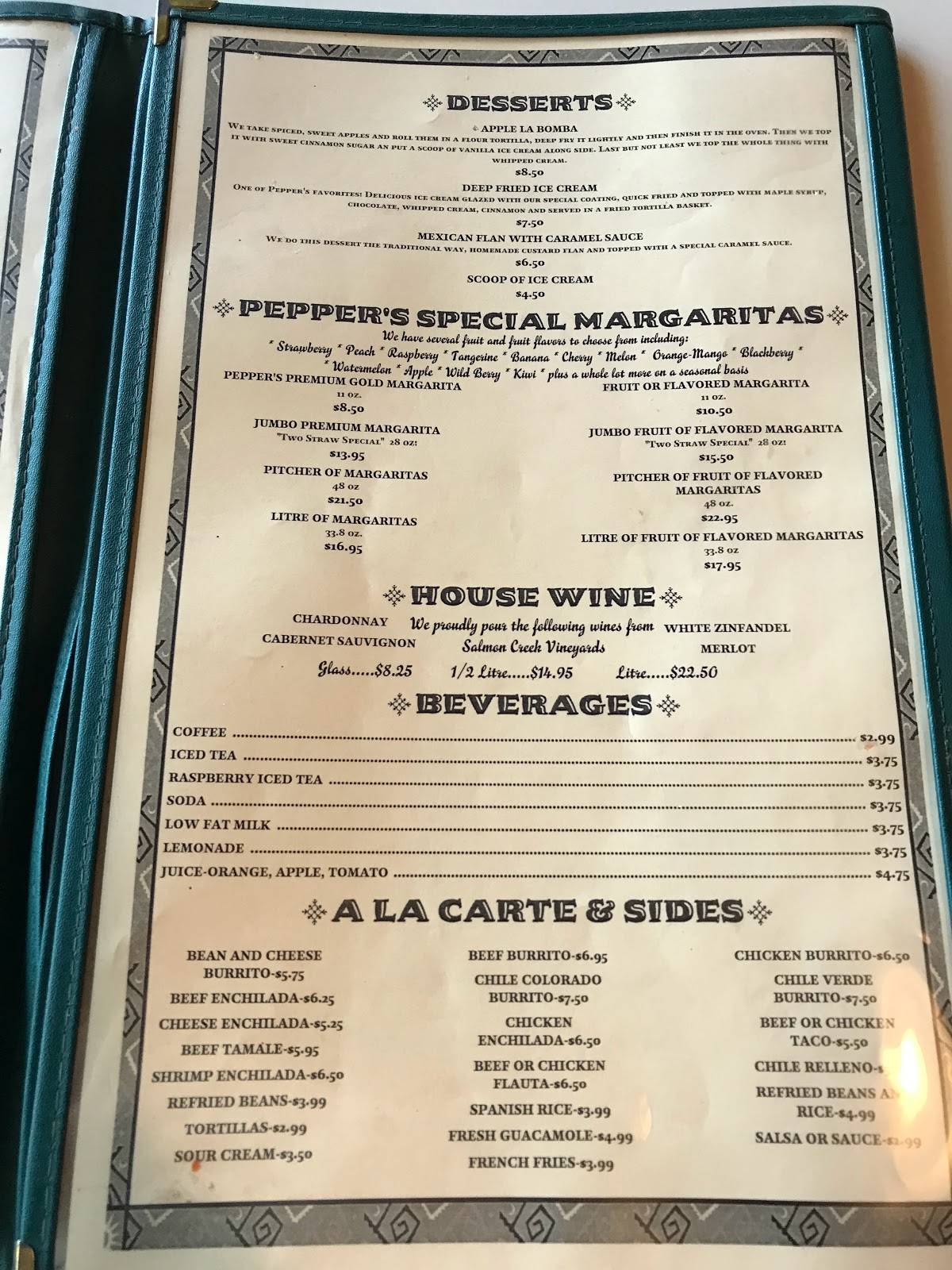 Menu at Pepper Garcia's restaurant, Santa Maria
