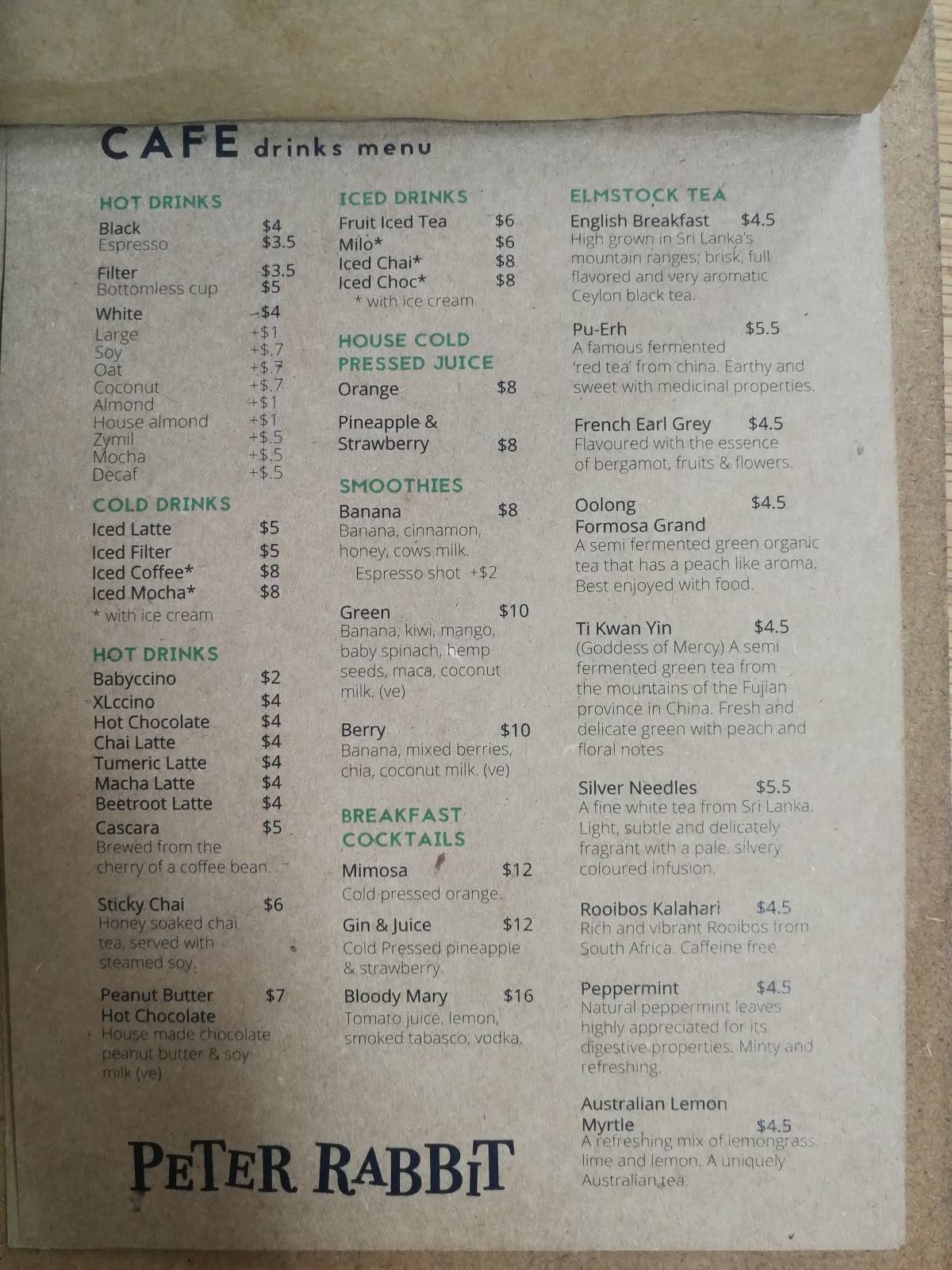 Menu at Peter Rabbit Cafe, Adelaide