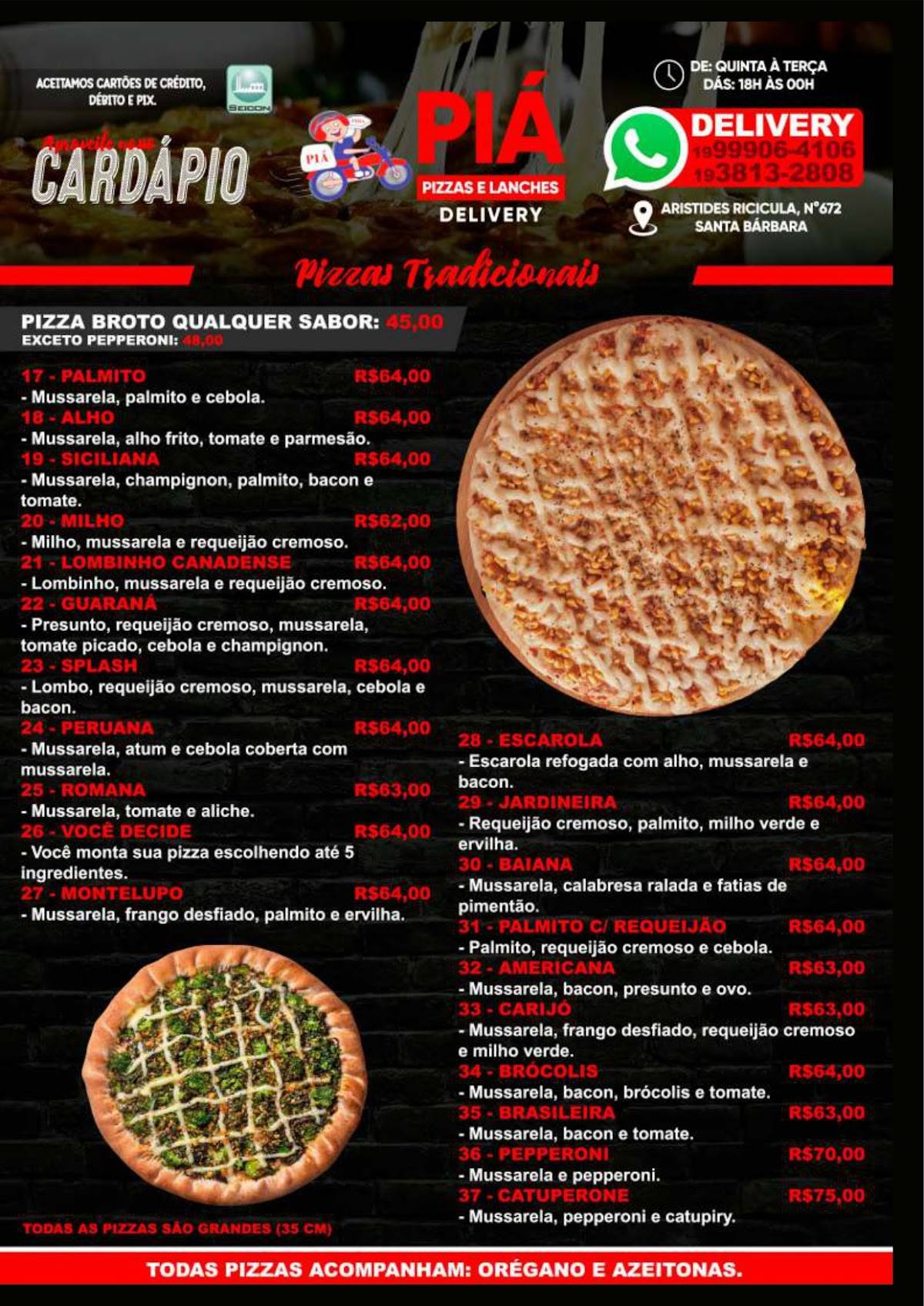 Piá Pizzaria, Restaurante e Lanchonete cardápio
