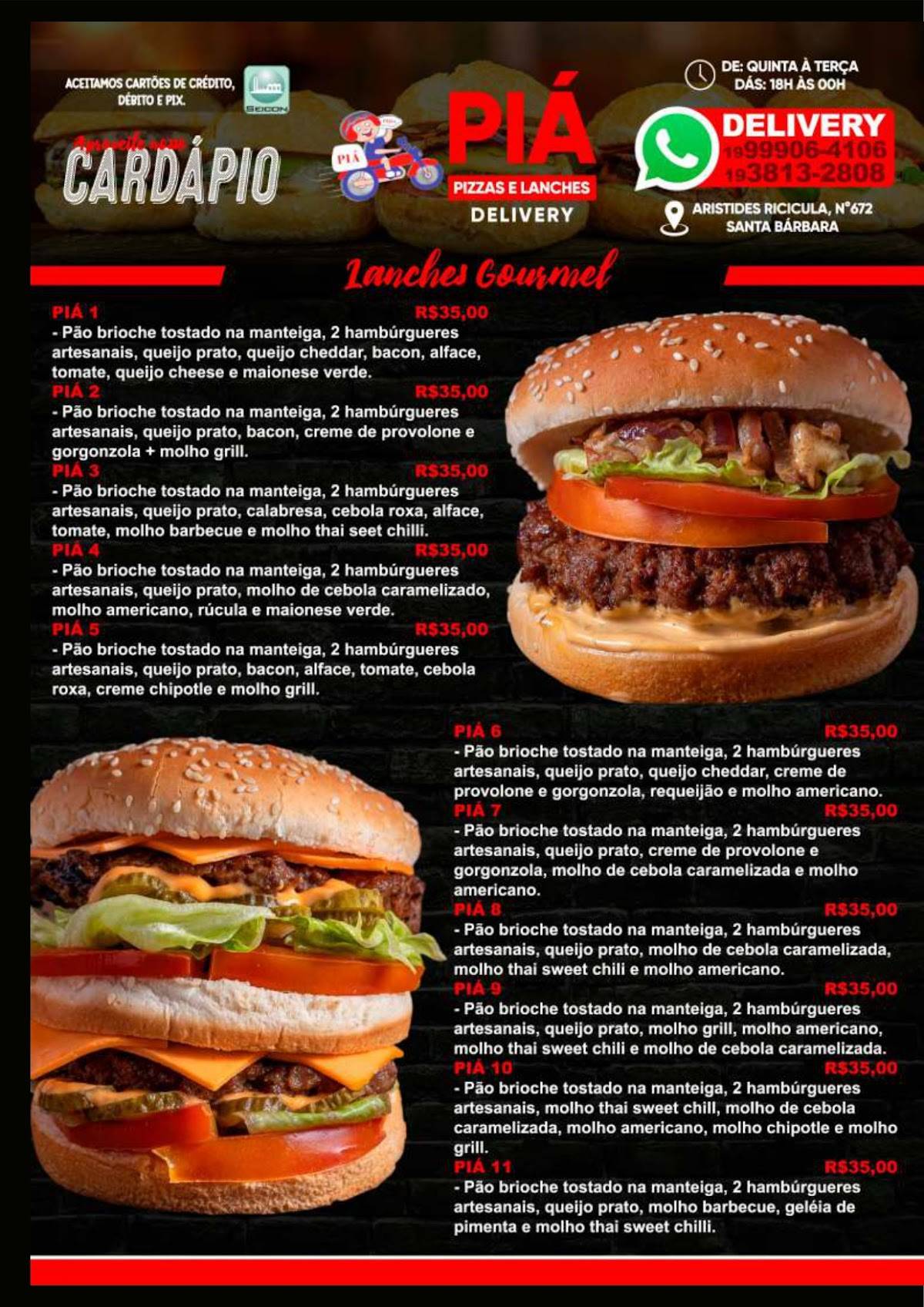 Piá Pizzaria, Restaurante e Lanchonete cardápio