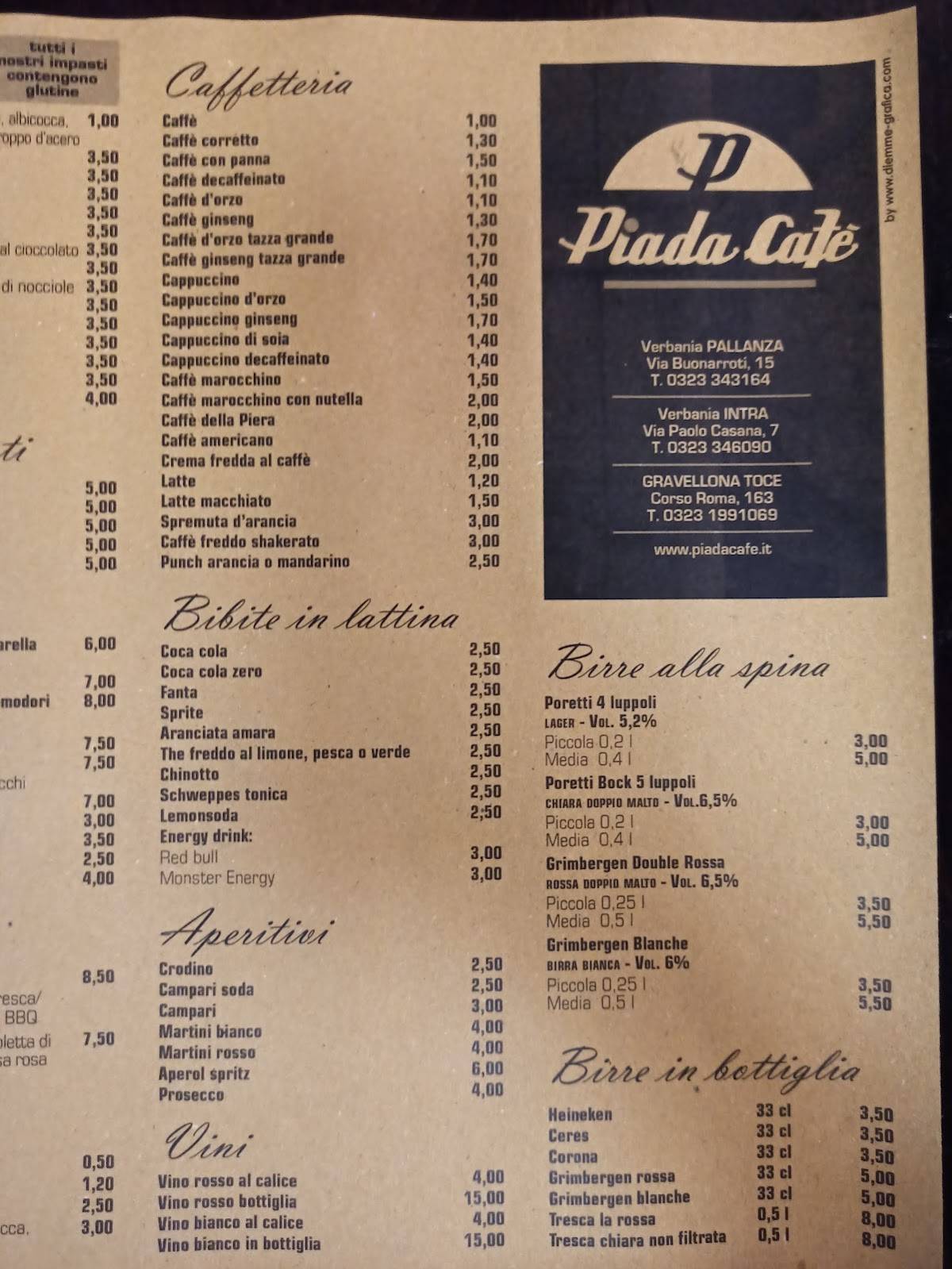 Menu da Piada Café di Gravellona Toce ristorante, Gravellona Toce
