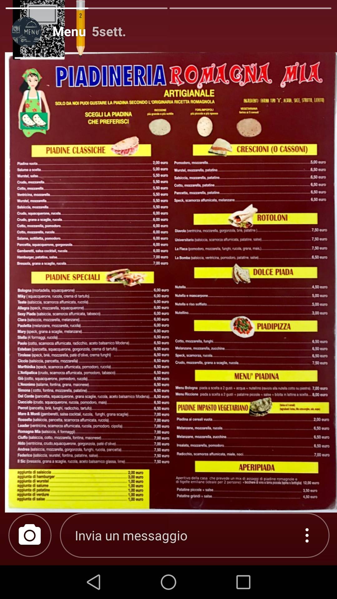 Menu di Piadineria Romagna Mia 