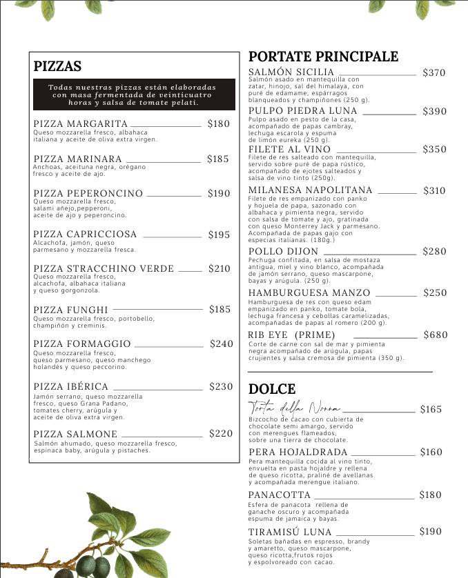 Carta del restaurante Piedra Luna, Toluca del Lerdo