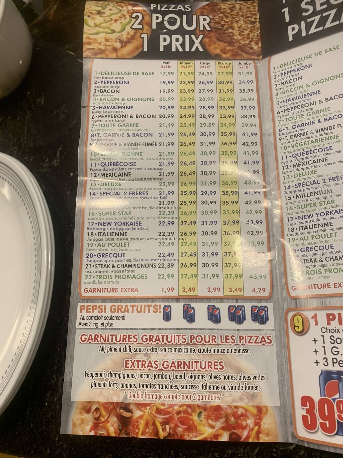 Menu au Pizza Deux Frères pizzeria, BoisdesFilion, Au coin de la 37e Ave