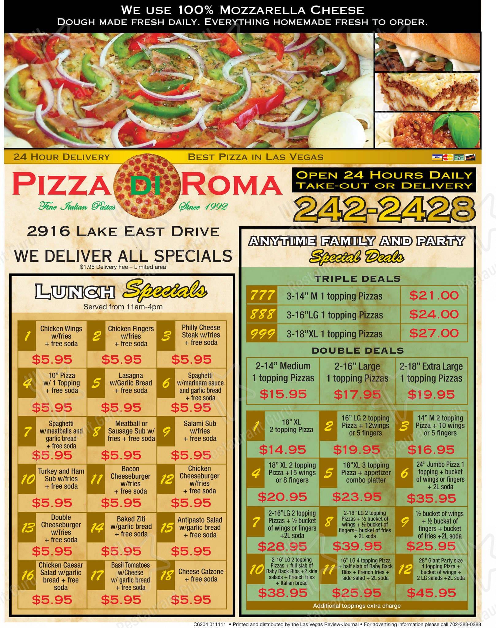 Menu at Pizza Di Roma restaurant, Las Vegas