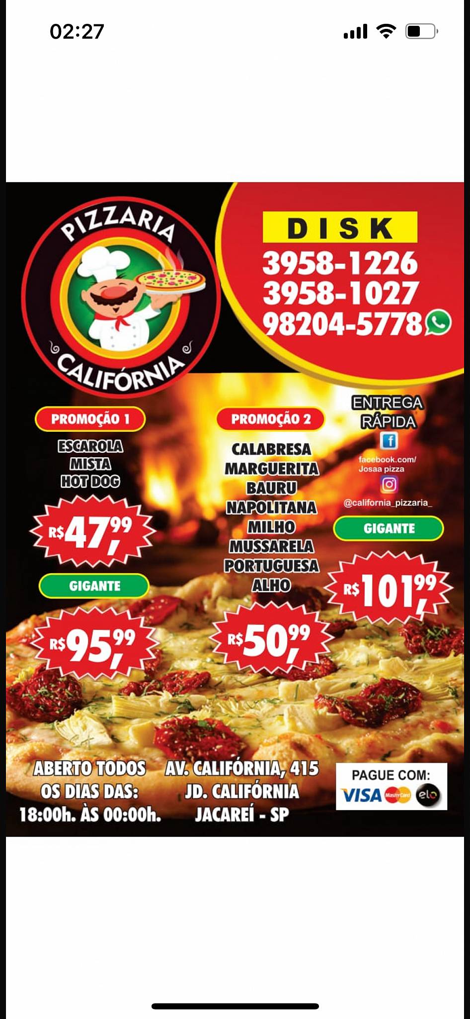 Pizzaria Califórnia Jacareí cardápio