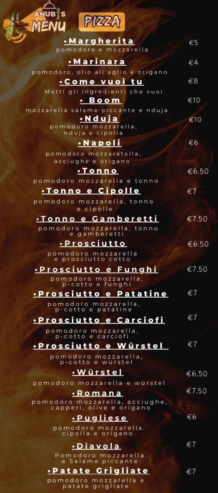 Menu di Pizzeria ANUBIS 