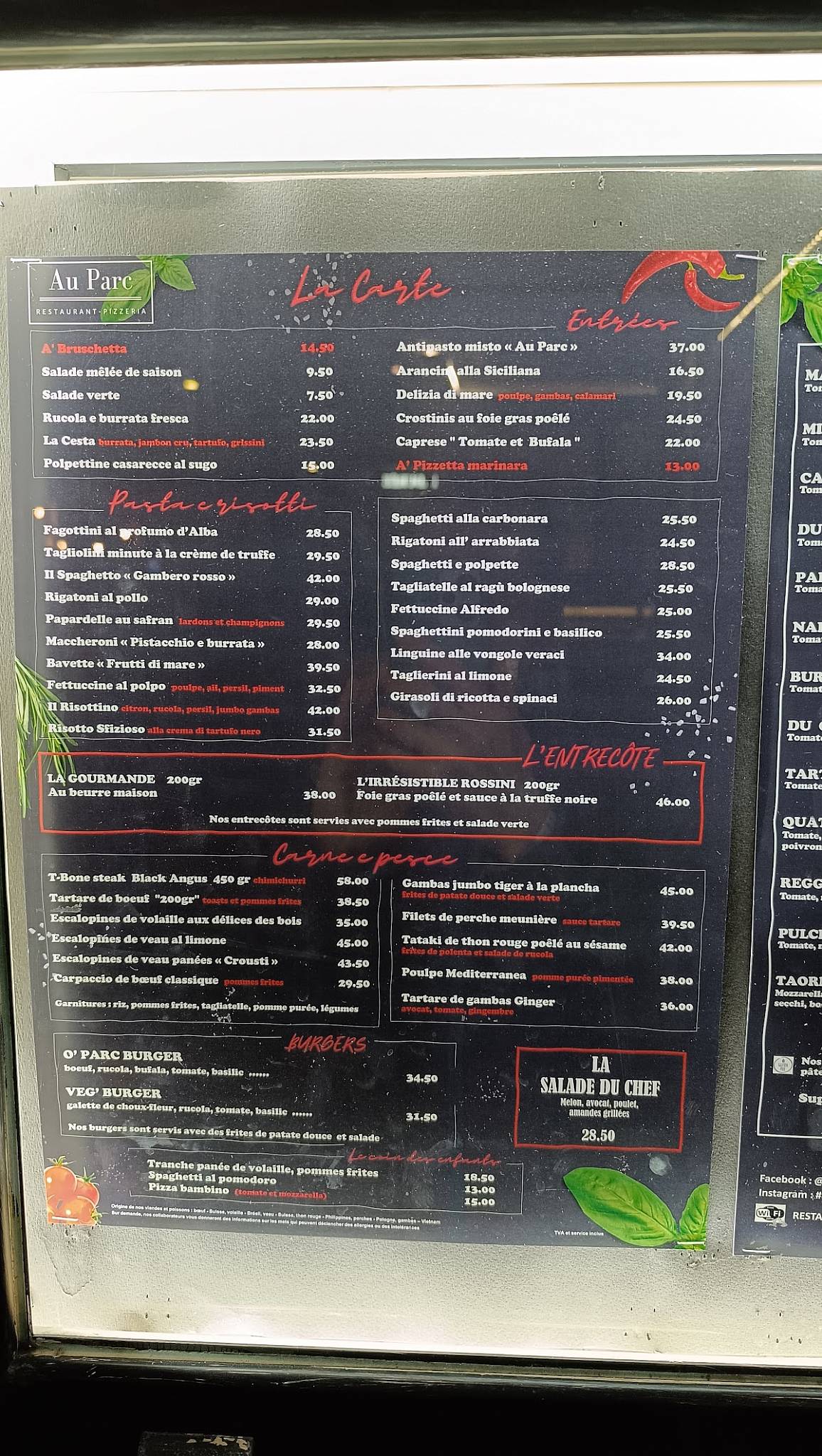 Menu di Restaurant Pizzeria Au Parc 