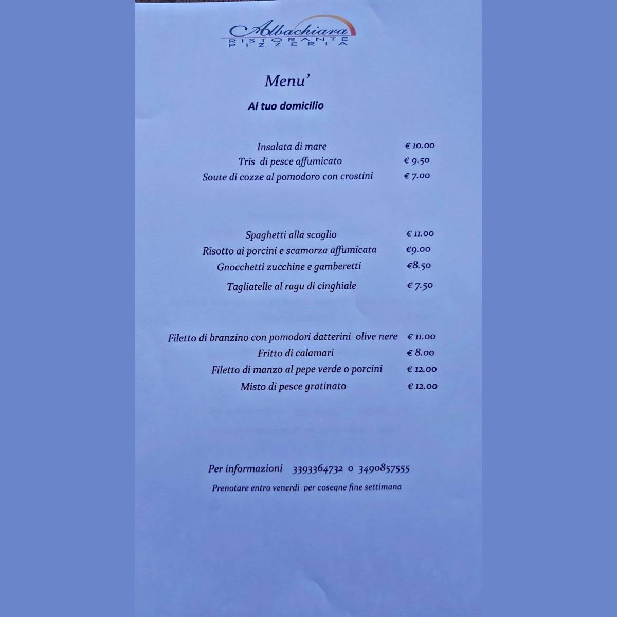 Menu di Albachiara ristorante e pizzeria 