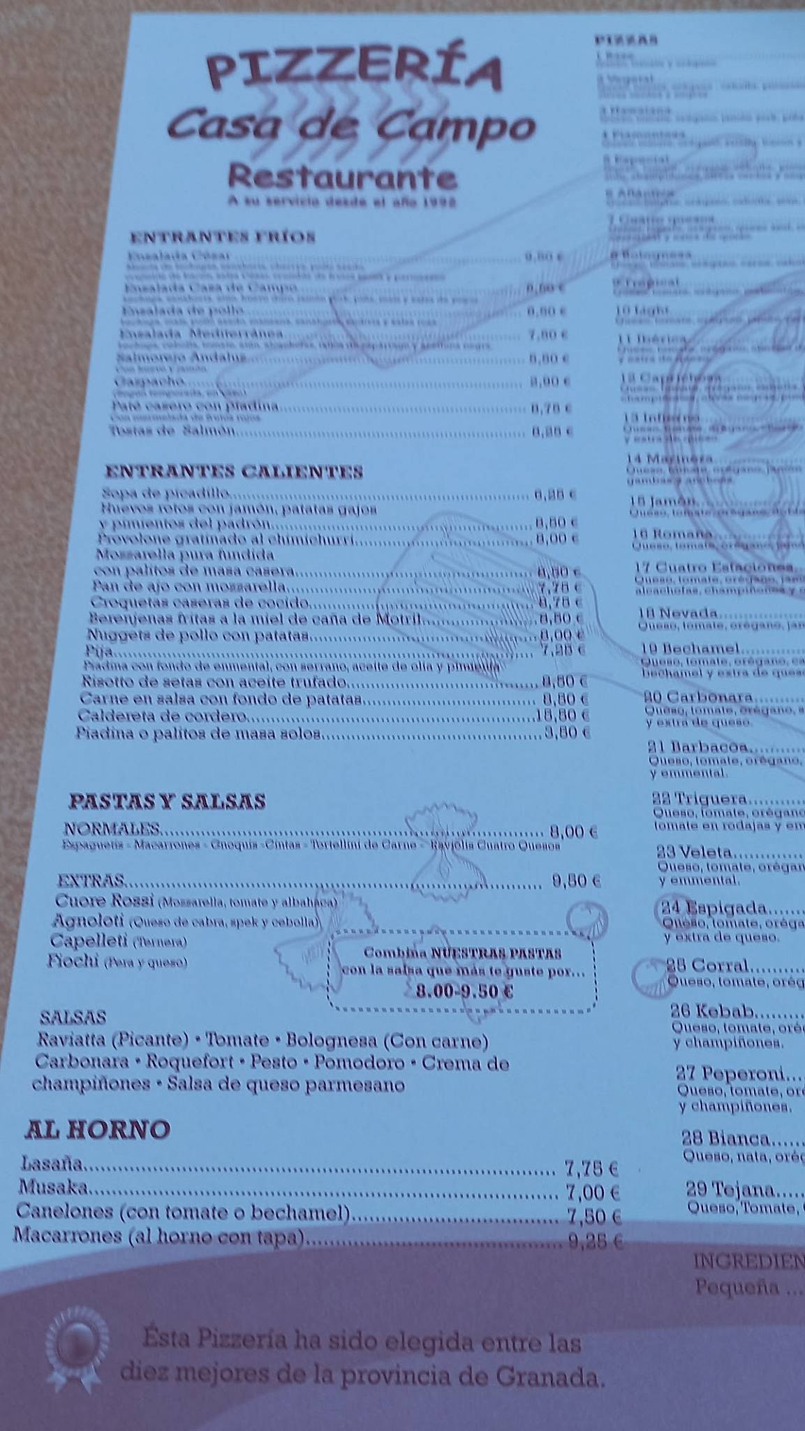 Carta de Pizzería Casa De Campo, Las Gabias