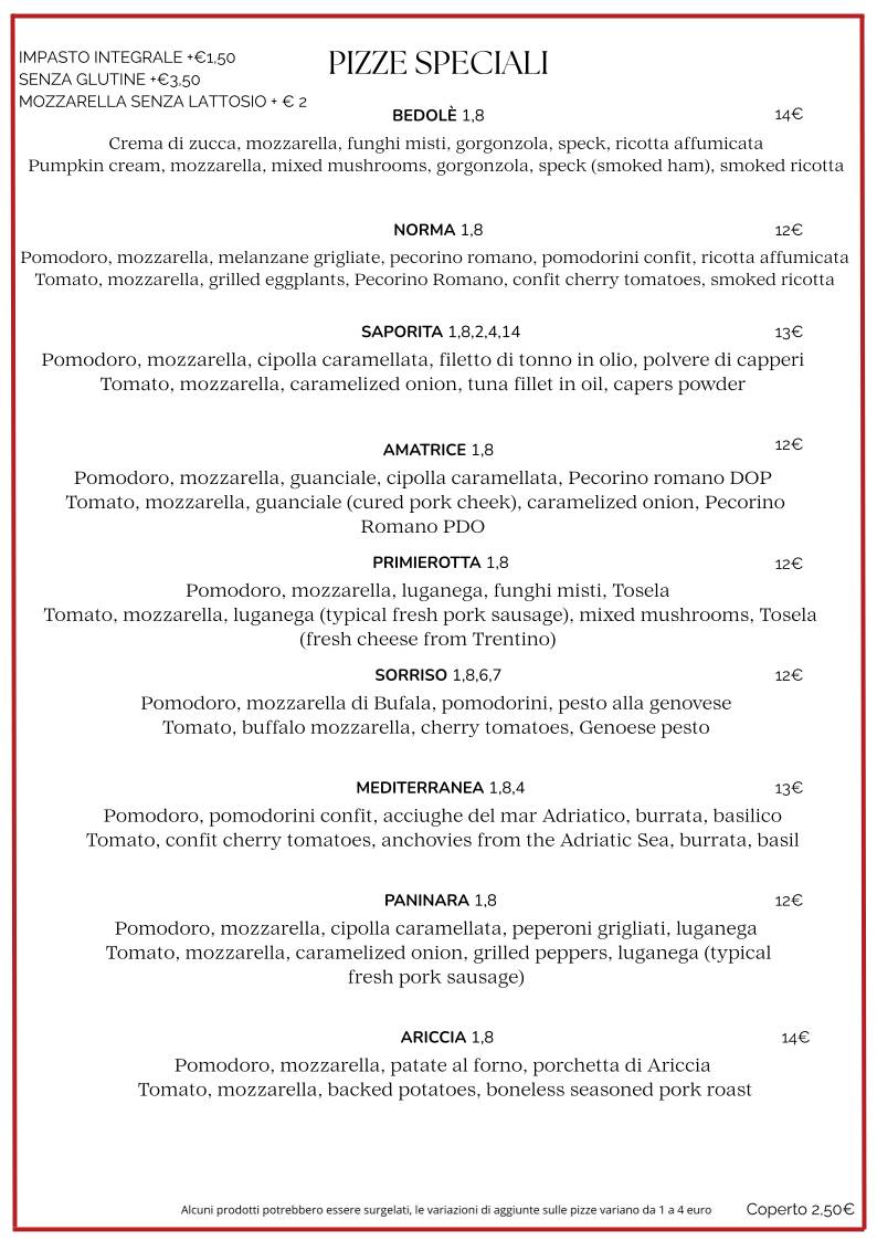 Menu di Pizzeria Ristorante L'Antica Rosa 