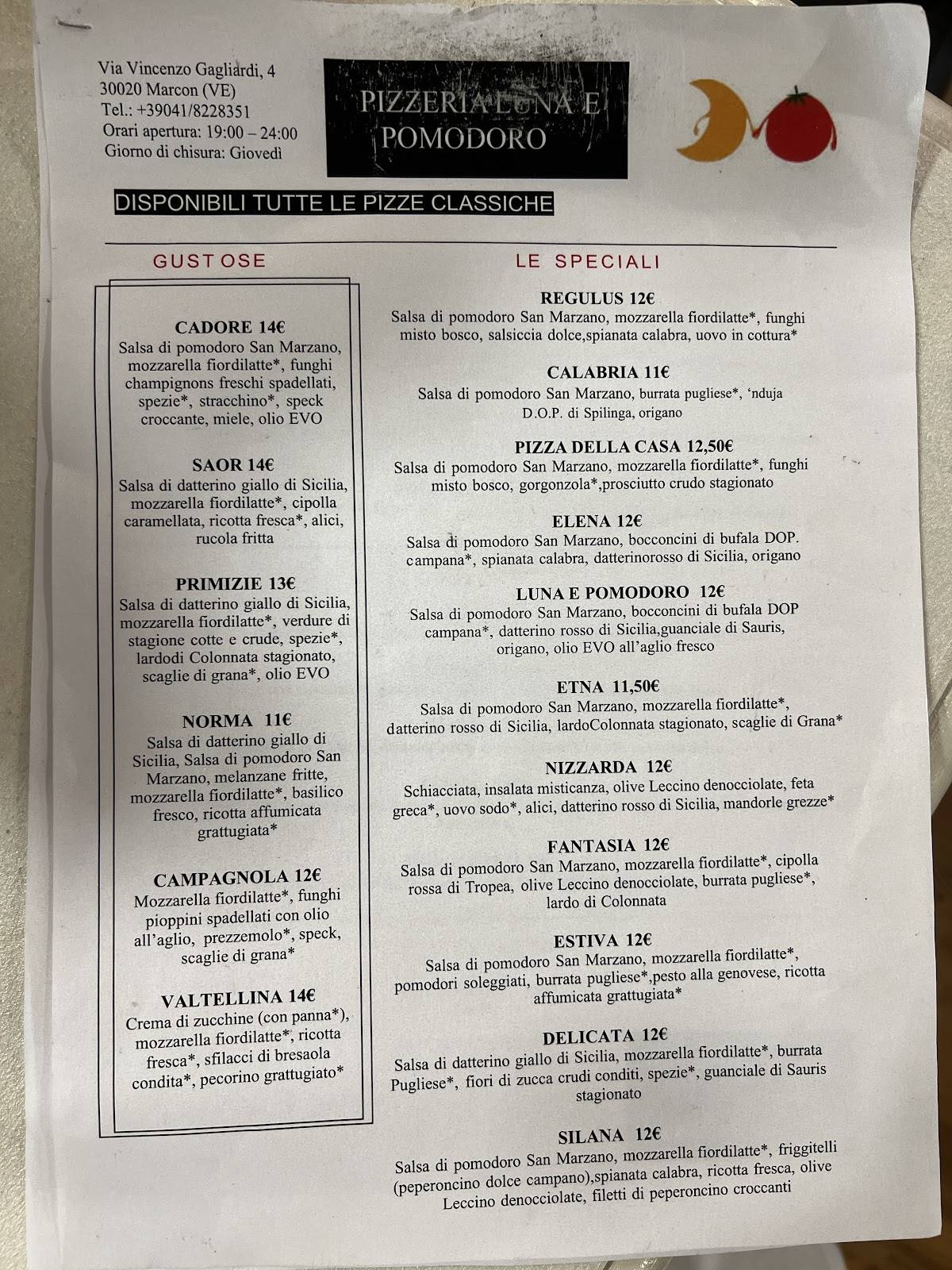 Menu di Pizzeria Luna e Pomodoro 