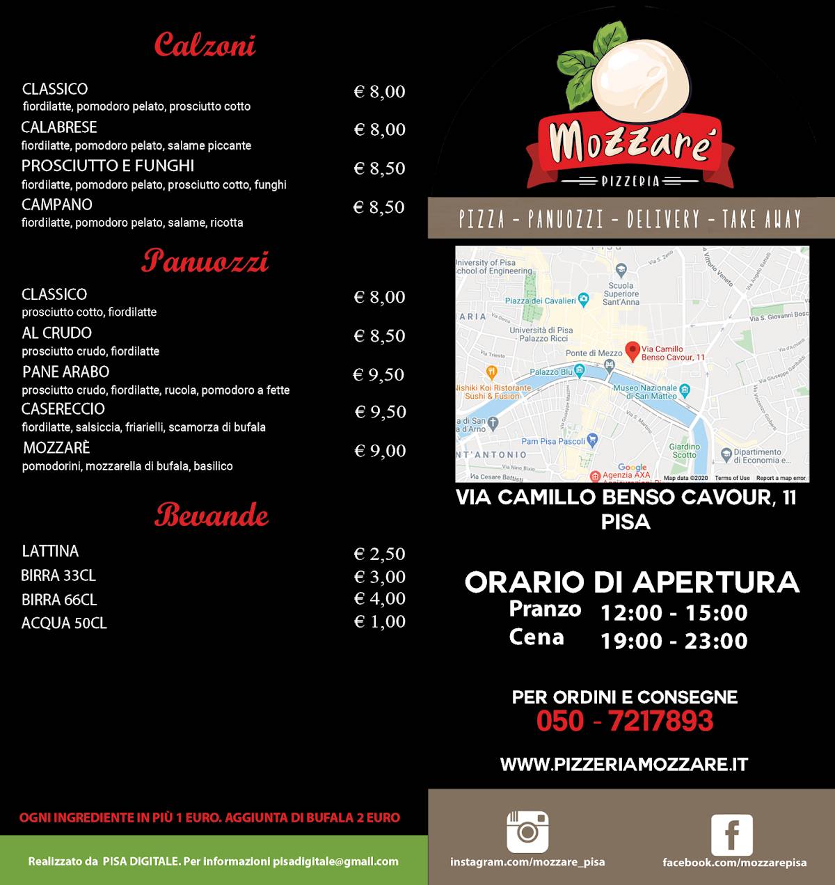 Menu au Pizzeria Mozzarè, Pise
