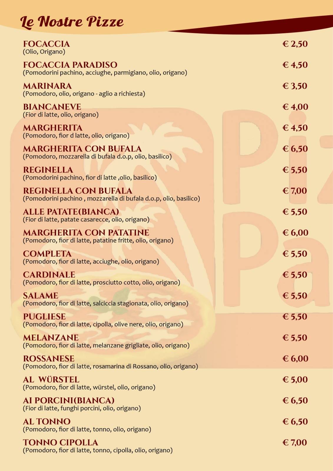 Menu di Pizzeria Paradiso 