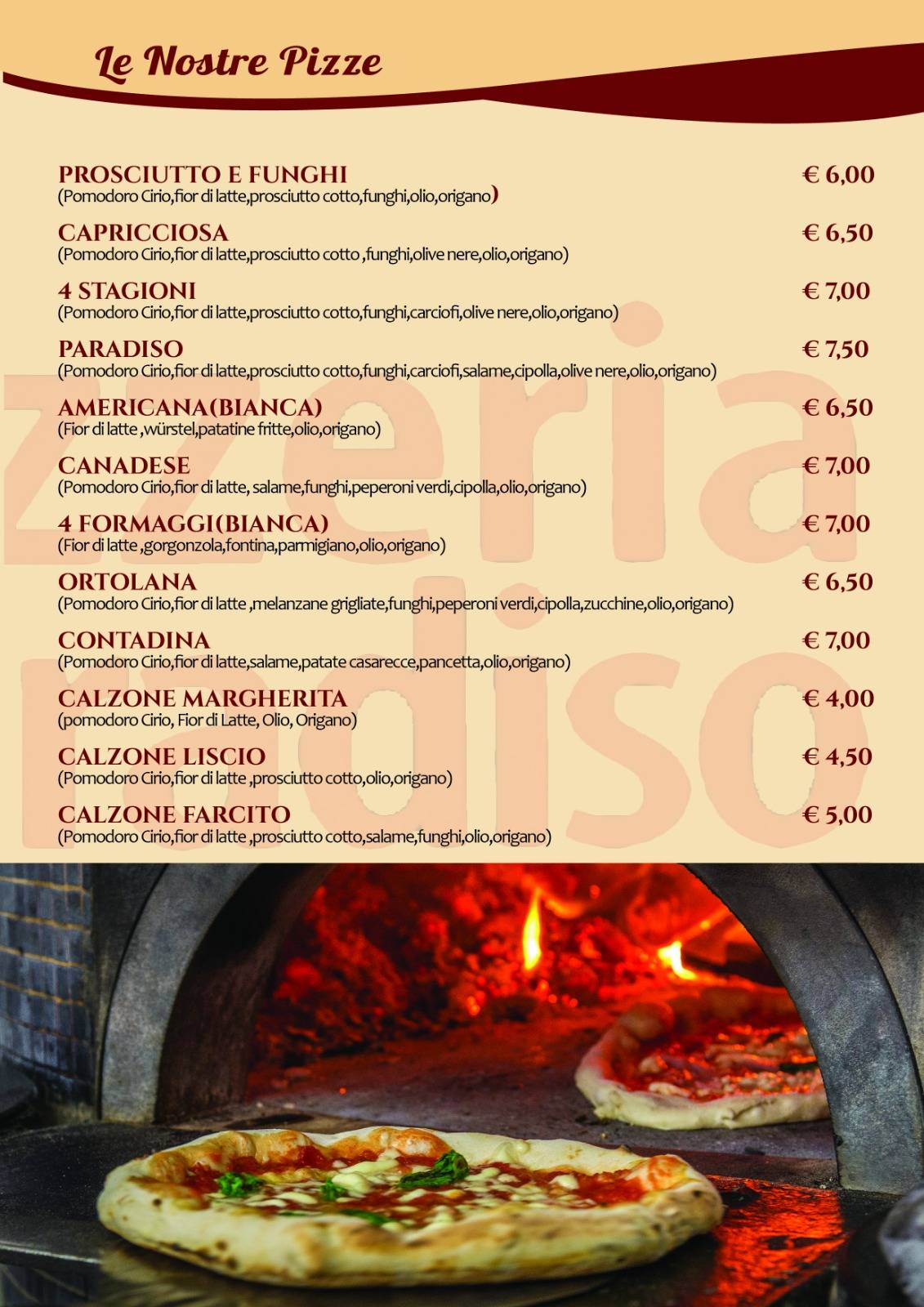 Menu di Pizzeria Paradiso 