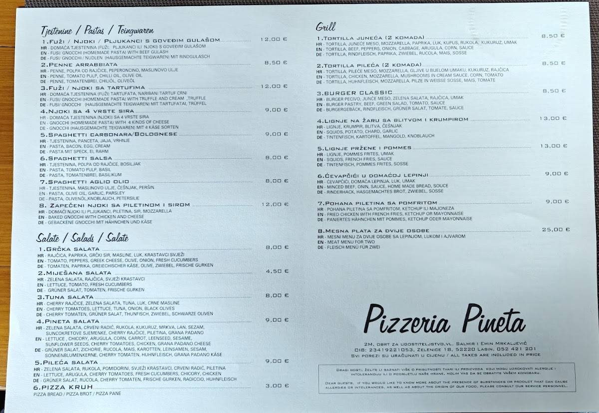 Menu di Pizzeria Pineta 