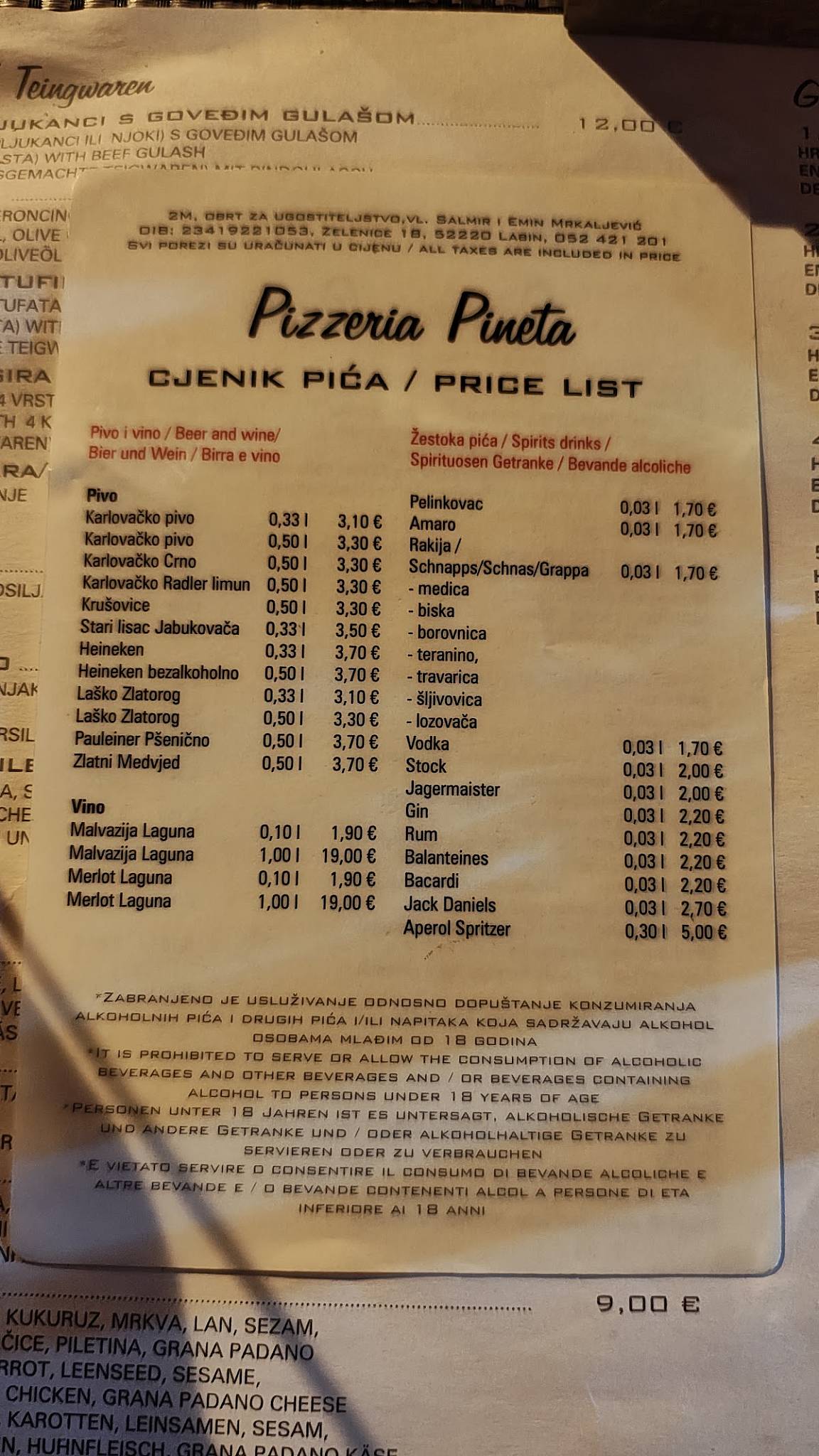Menu di Pizzeria Pineta 