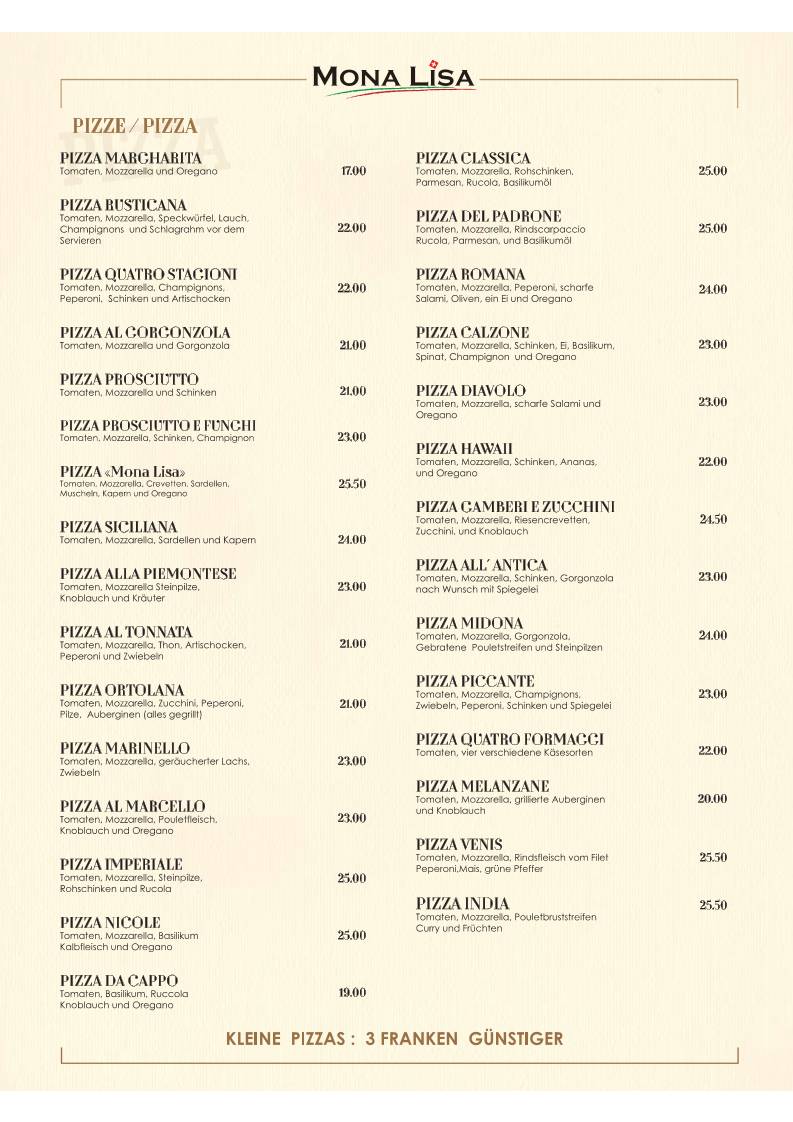Menu di Restaurant Mona Lisa 