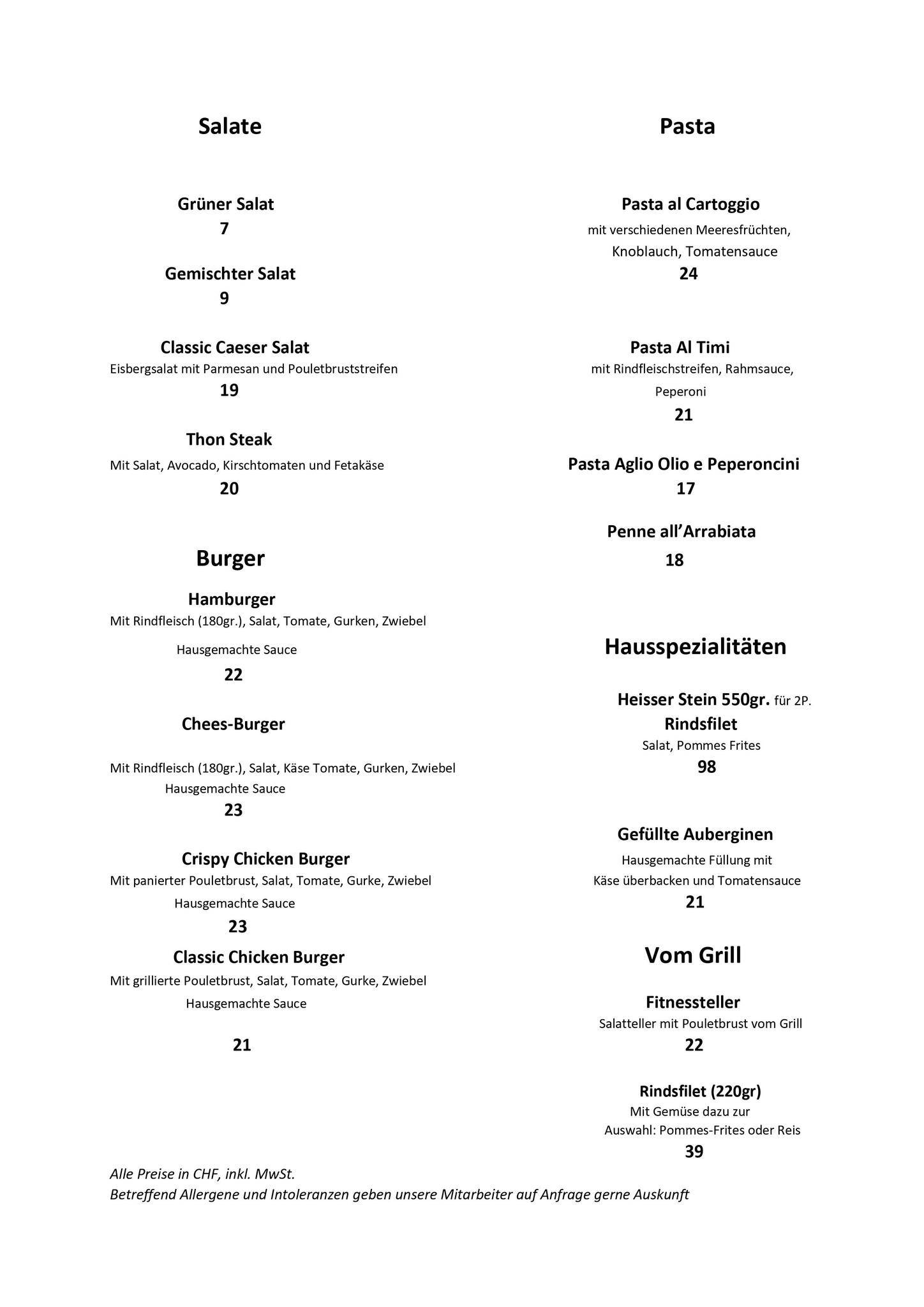 Menu di Pizzeria Restaurant Sunna 