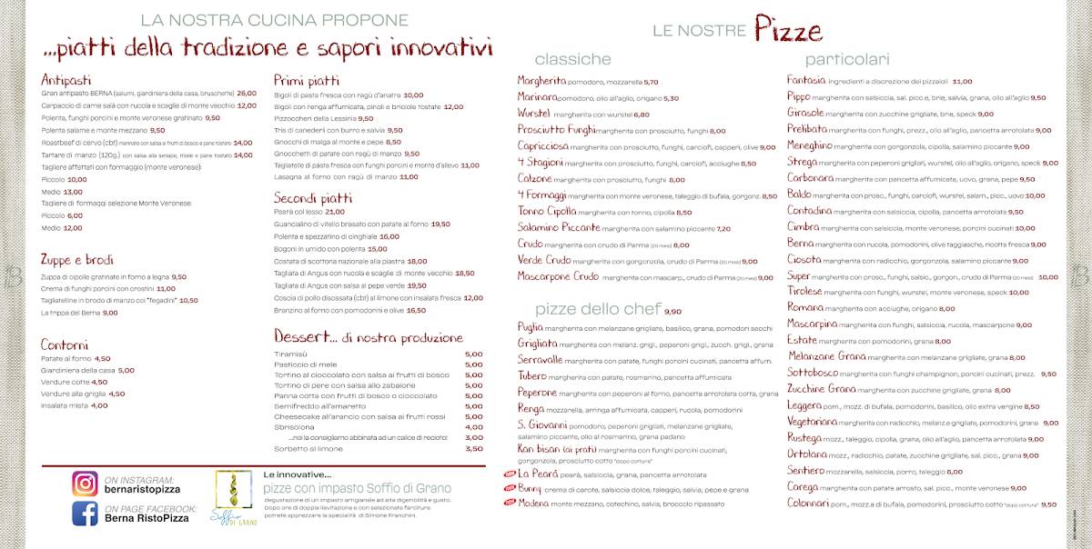 Menu di Pizzeria Ristorante BERNA 