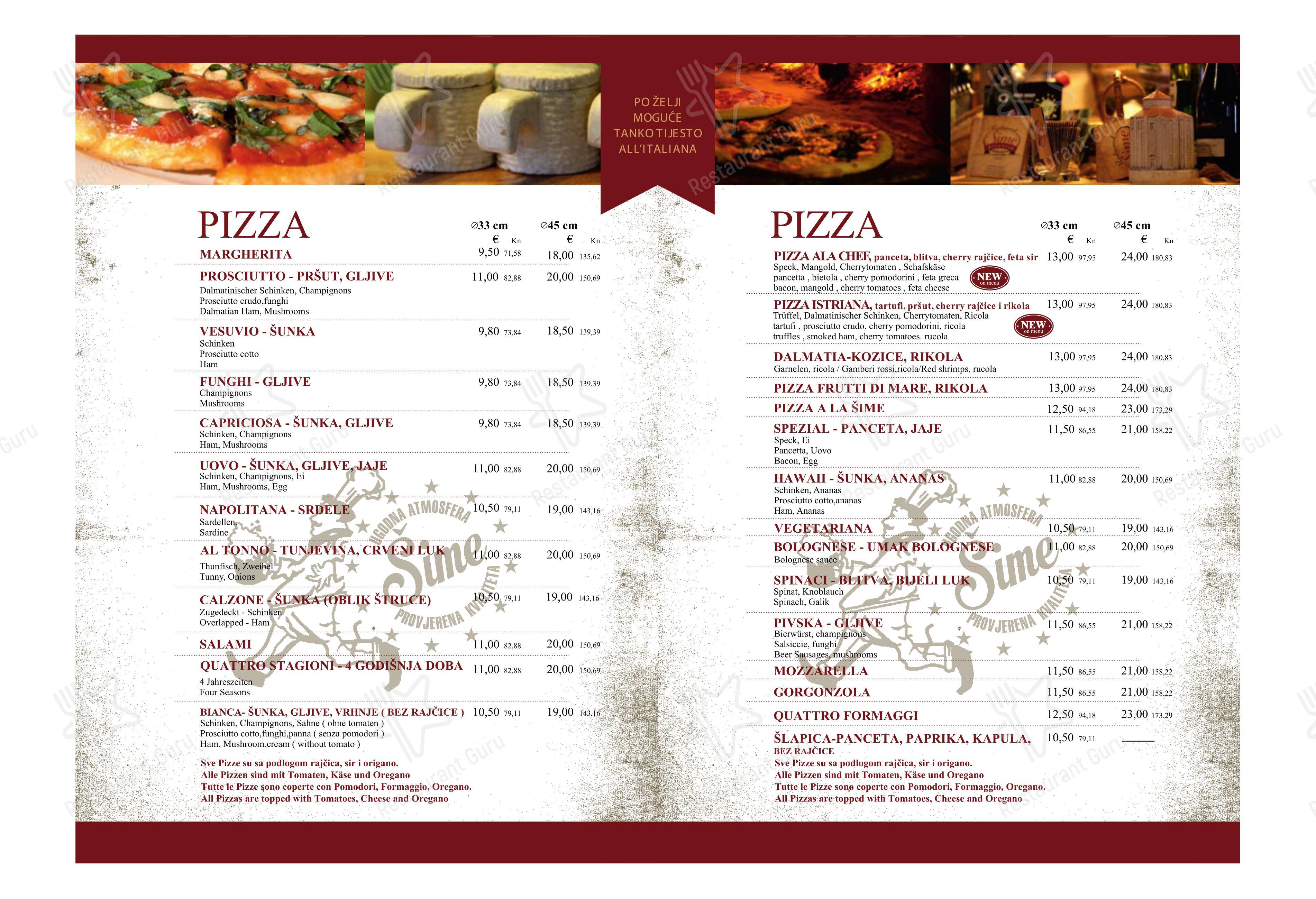 Menu di Pizzeria Šime - Menu bar