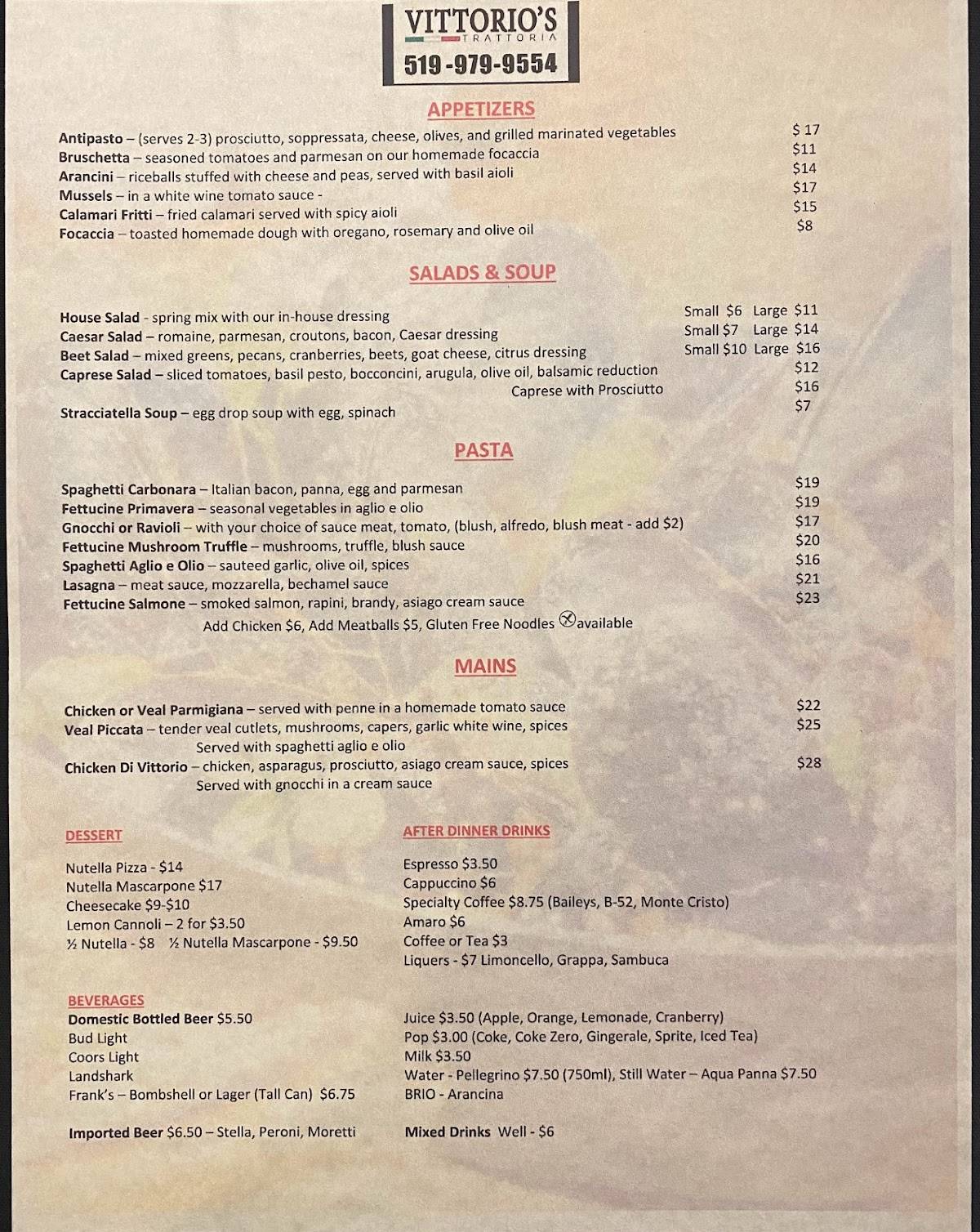 Menu at Vittorio's Trattoria pizzeria, Windsor
