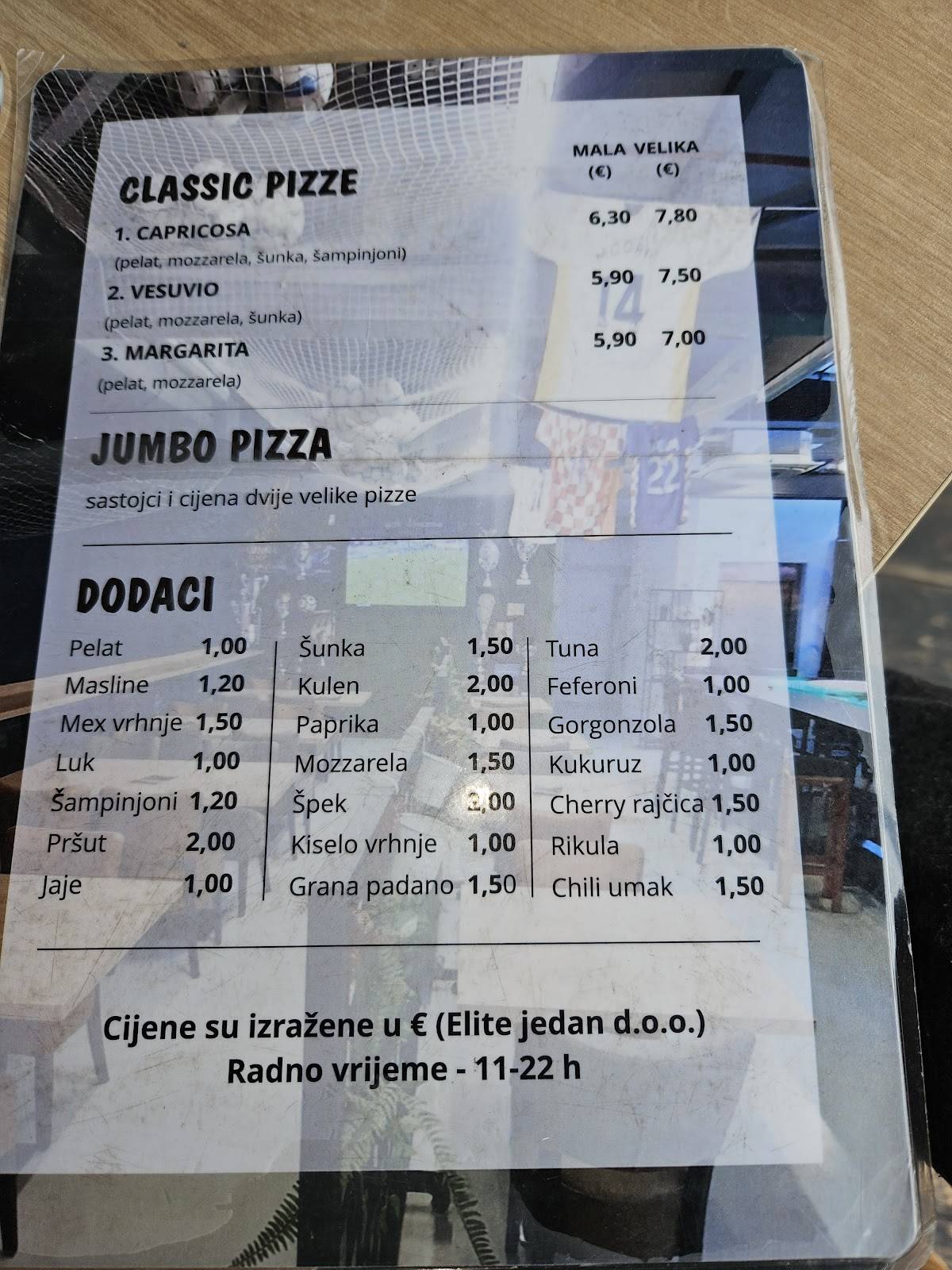 Menu di Pizzerija Sport 