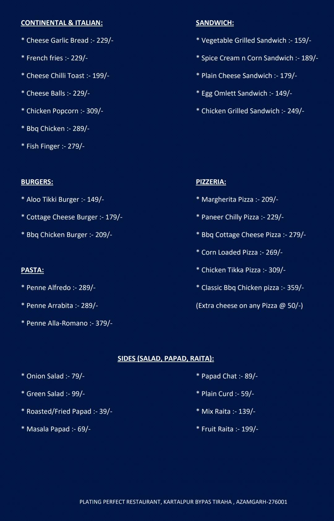 Plating Perfect Restaurant menu