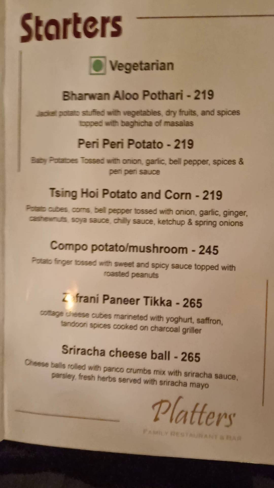 Platters Restaurant & Bar menu
