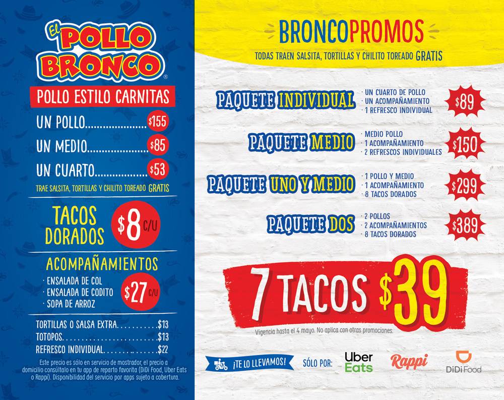 Menu at Pollo Bronco Tepic restaurant, Tepic