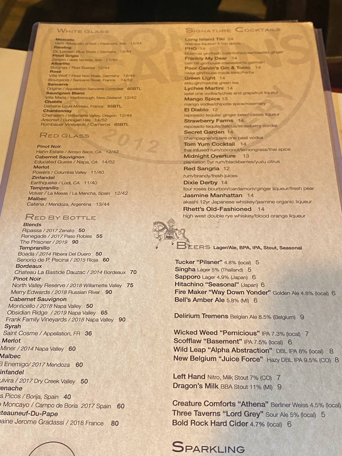 Menu at Poor Calvin's restaurant, Atlanta
