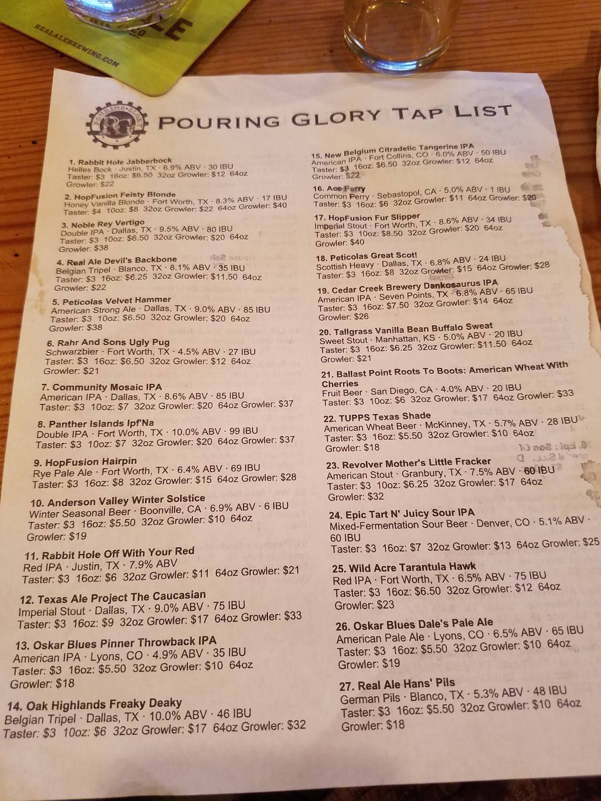 Menu at Pouring Glory pub & bar, Fort Worth