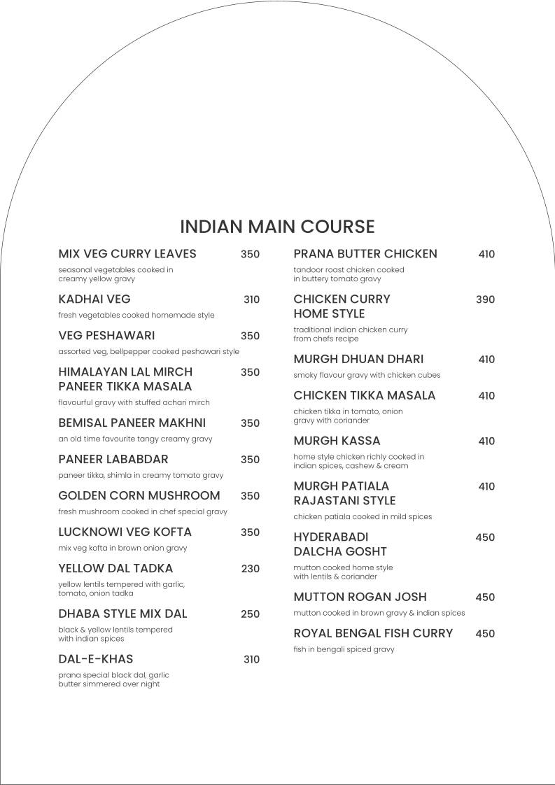 Prana Bar & Kitchen menu