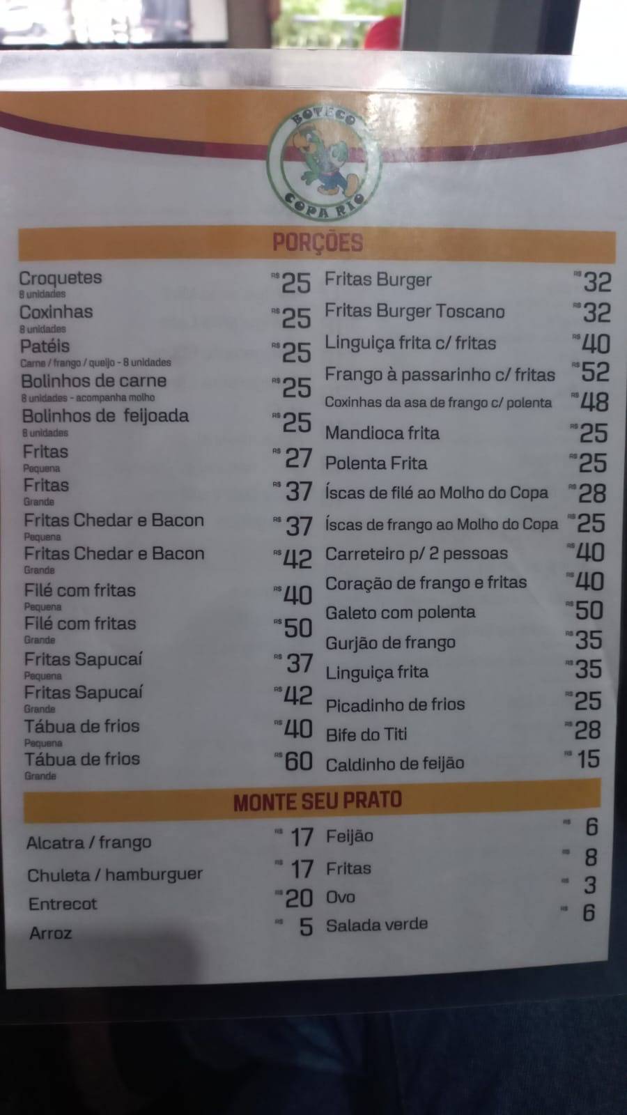 Boteco Copa Rio cardápio