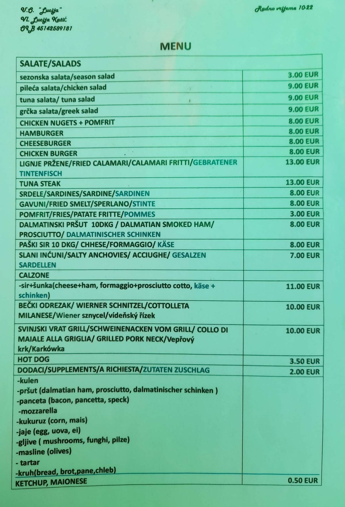 Menu di Beach bar Lucija 