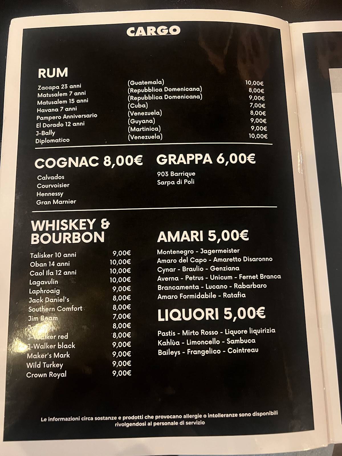 Menu di Cargo al Pigneto 