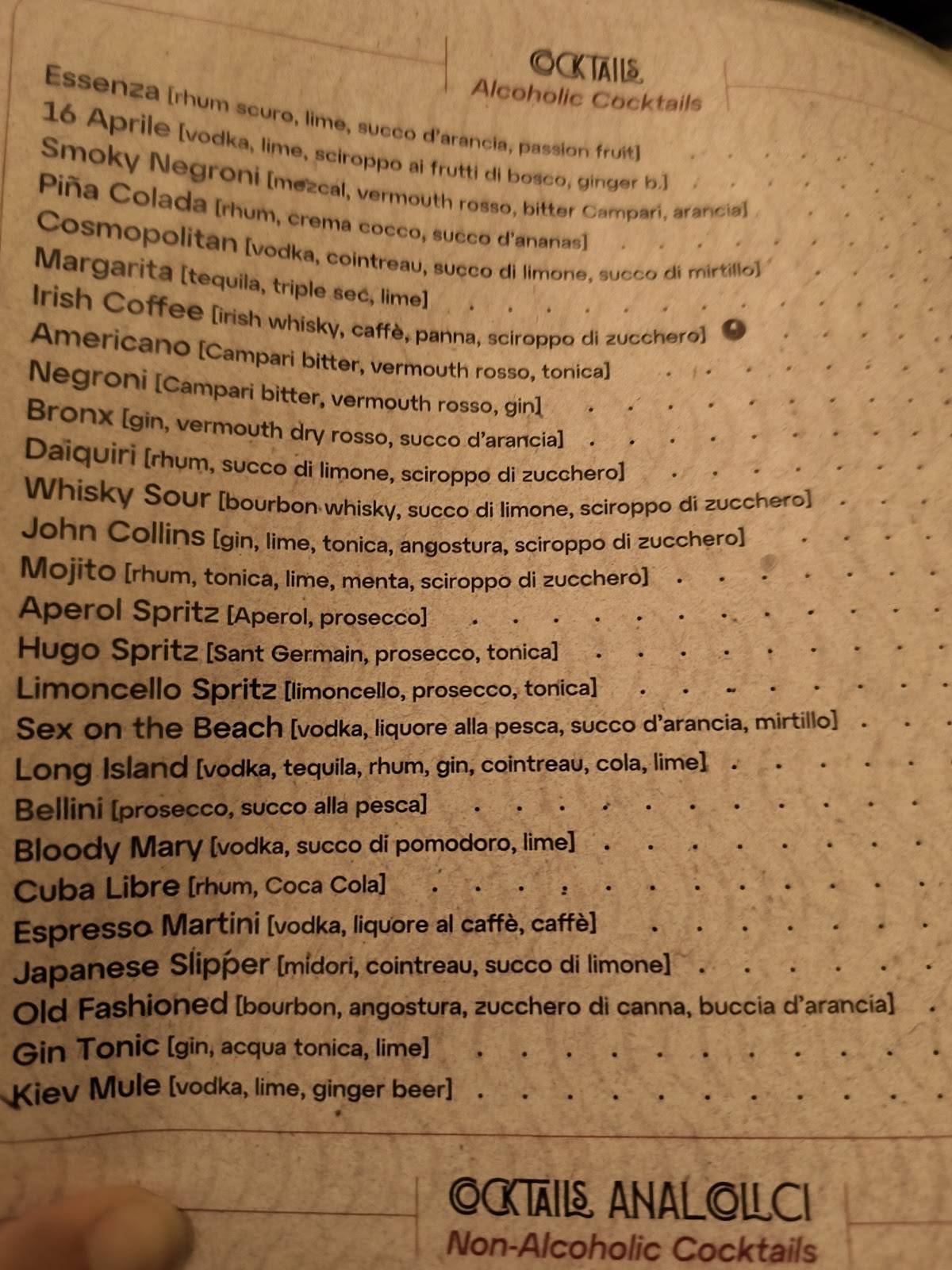 Menu de Essenza Wine Bar Trastevere