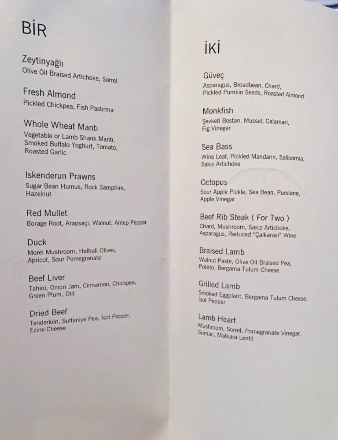 Menu de Mikla