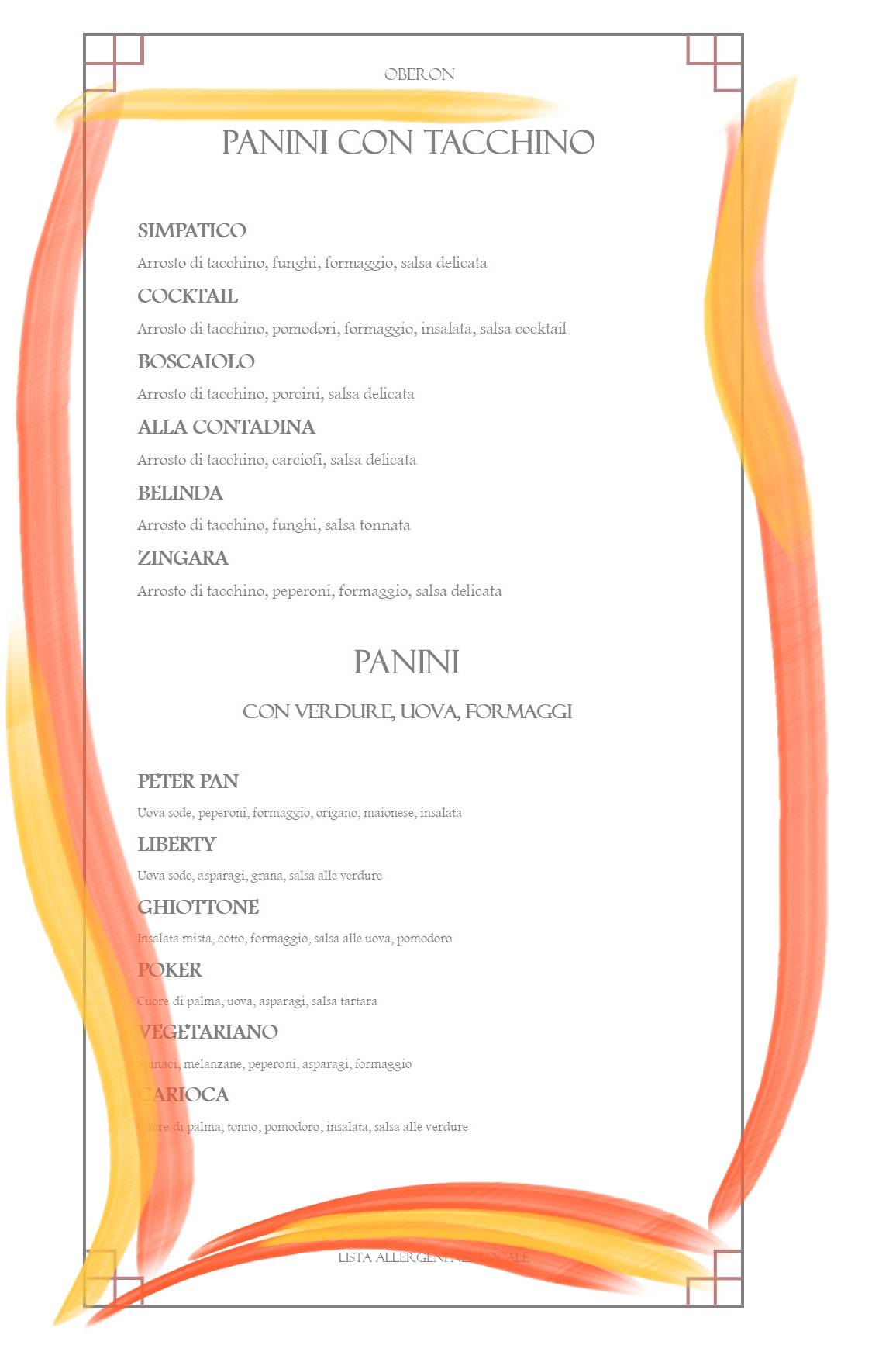 Menu di Panineria Birreria Oberon 