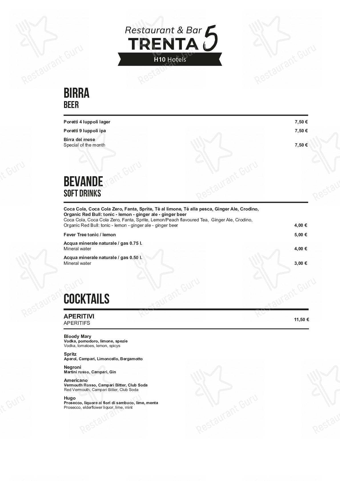 Menu per TRENTA5 Restaurant&Bar pub & bar
