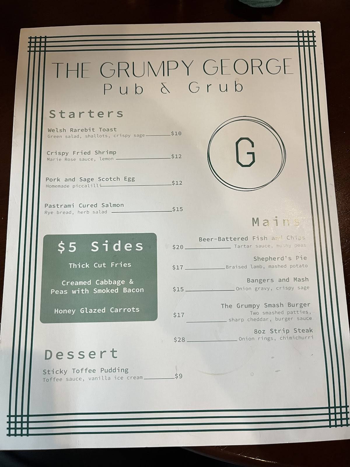Menu at The Grumpy George Pub & Grub, Georgetown