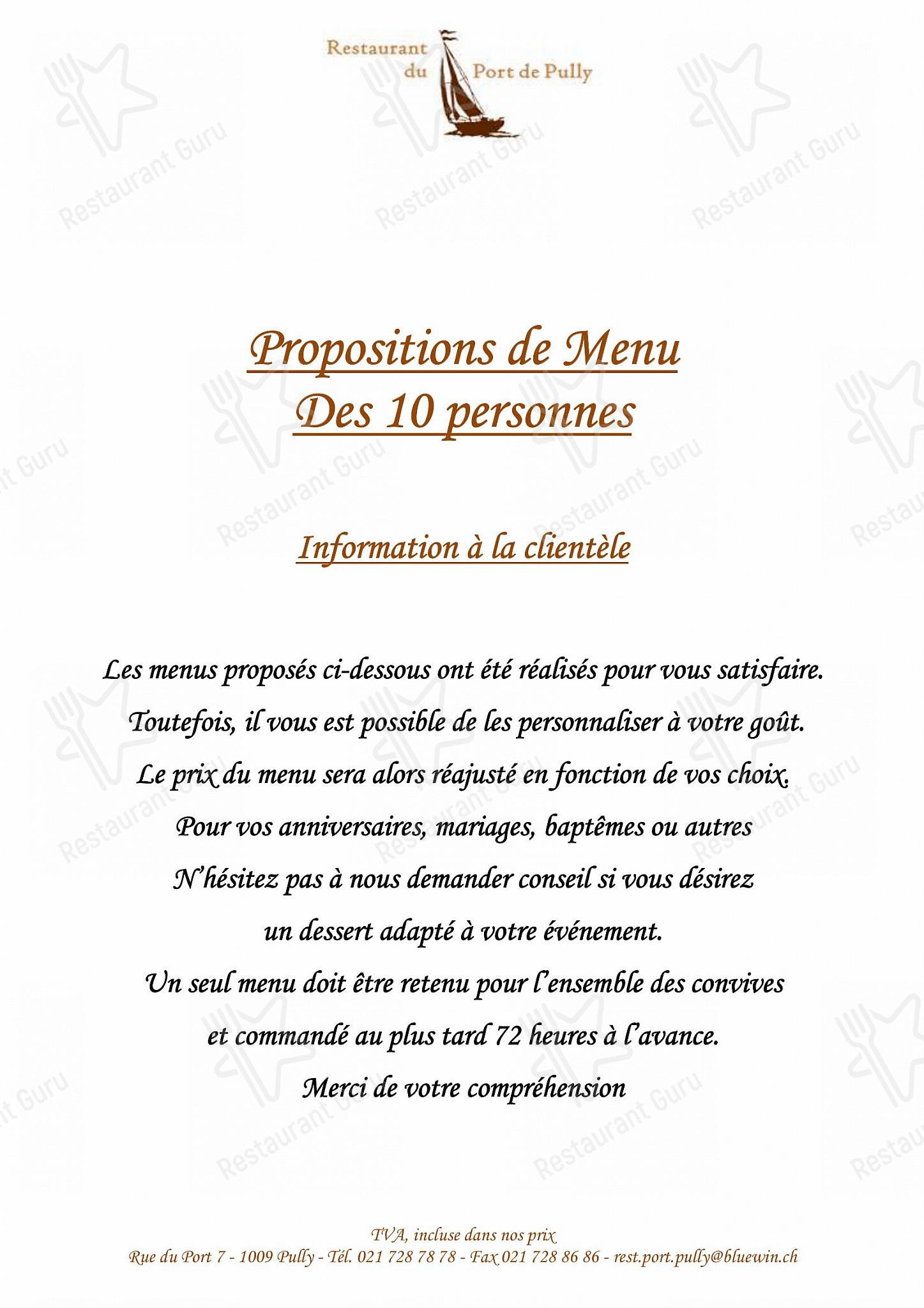 Menu di Restaurant du Port de Pully - Sunday Lunch Sample Menu