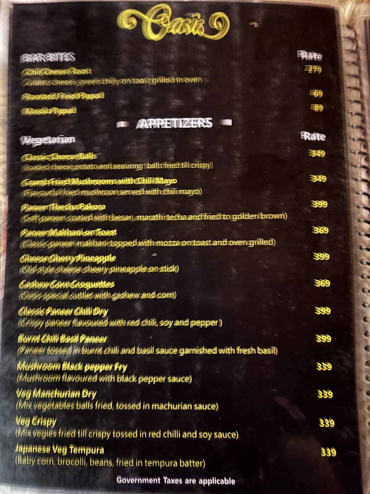 OASIS RESTAURANT, BAR & BANQUETS menu