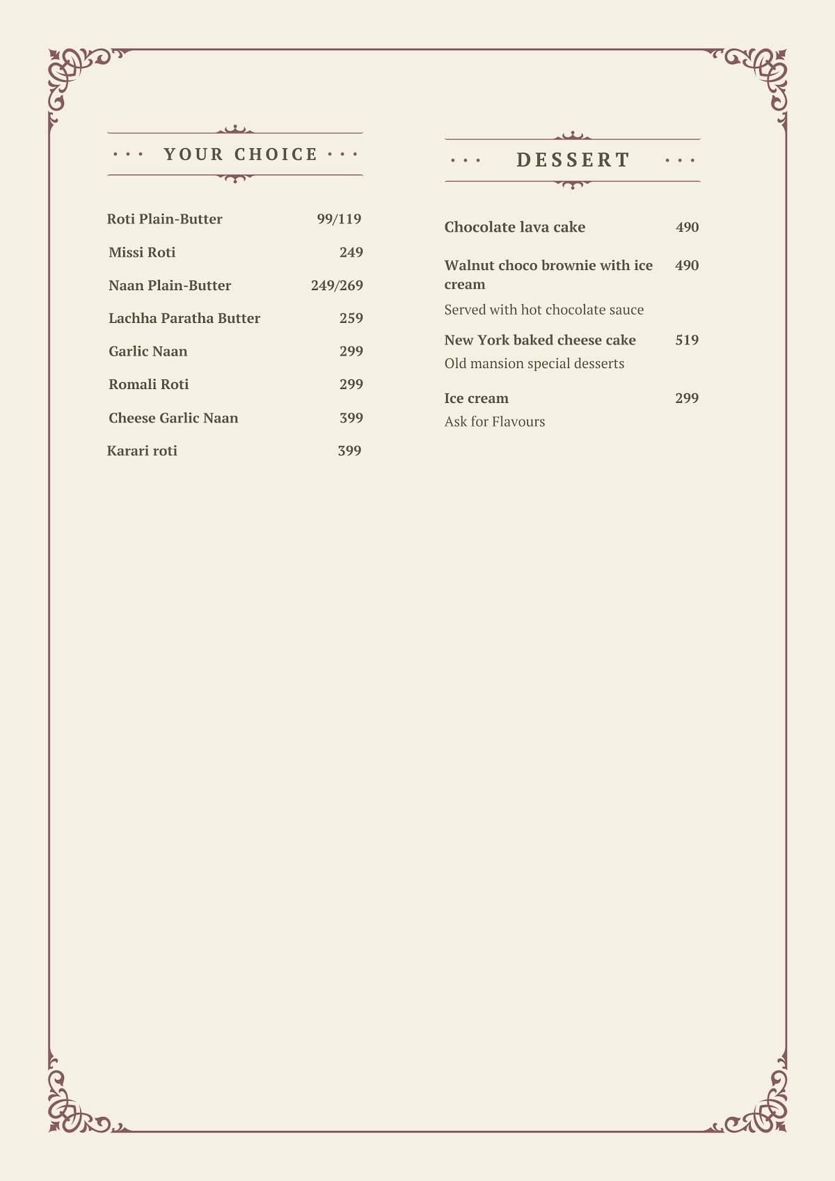 The Old Mansion menu