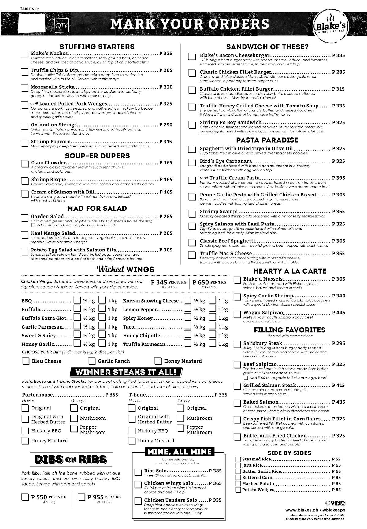 Menu at Blake's Wings & Steaks restaurant, Quezon City, Upper Ground Floor