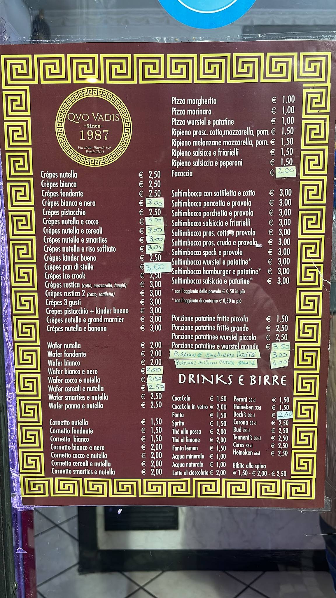 Menu di Quo Vadis dal 1987 