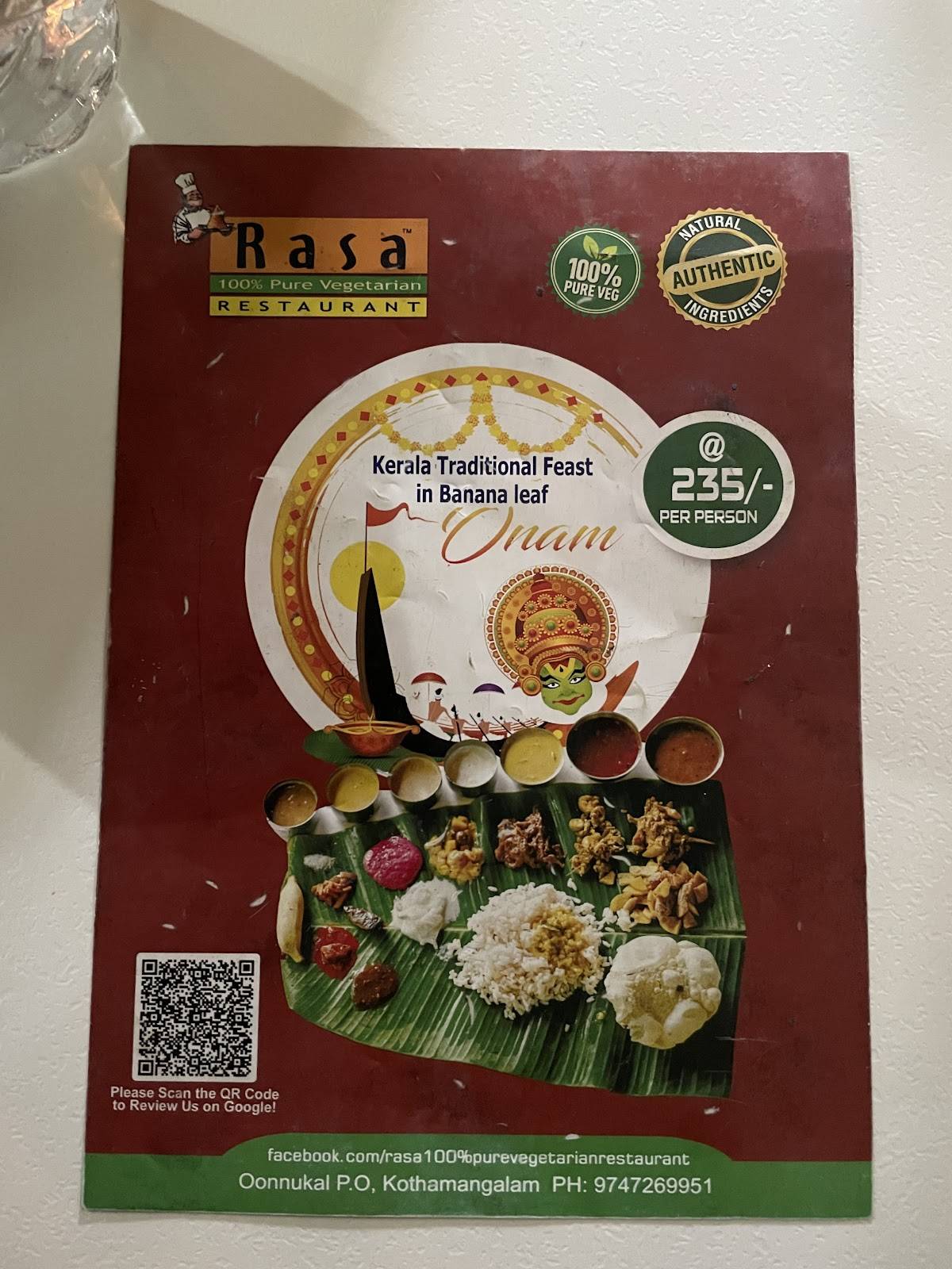 RASA PURE VEG HOTEL menu