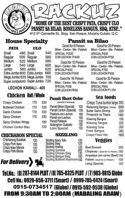 Menu at Rackuz Home of the Best Crispy Pata pub & bar, Quezon City, 12